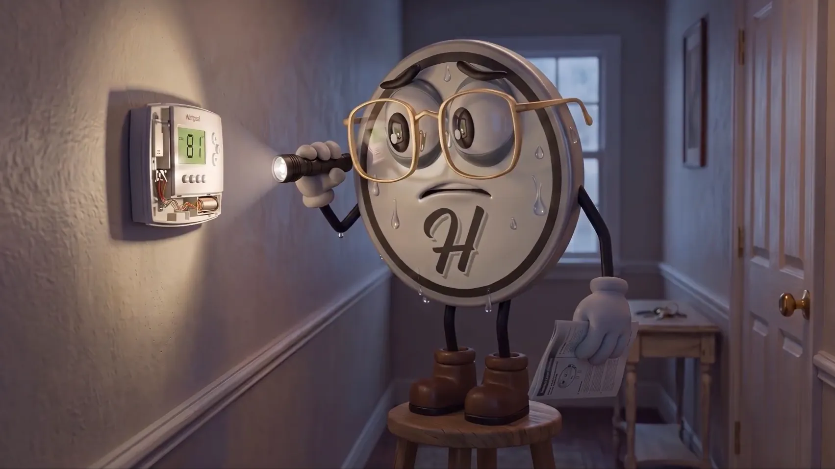 Animated thermostat character inspecting a wall thermostat with a flashlight